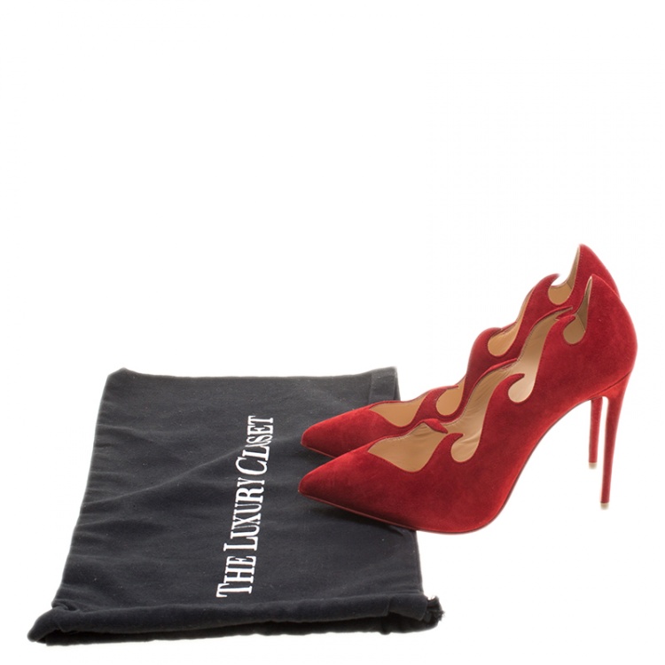Pre Owned Christian Louboutin Red Suede Olavague Flame Pointed Toe Pumps Size 36.5