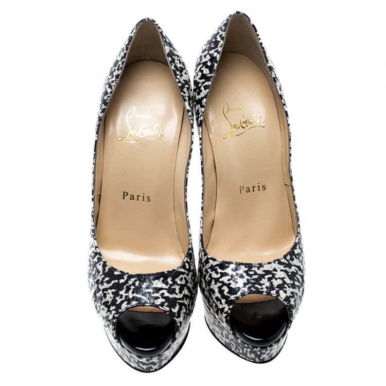 Pre Owned Christian Louboutin Monochrome Printed Python Embossed Leather Lady Peep Toe Platform Pumps Size 36.5