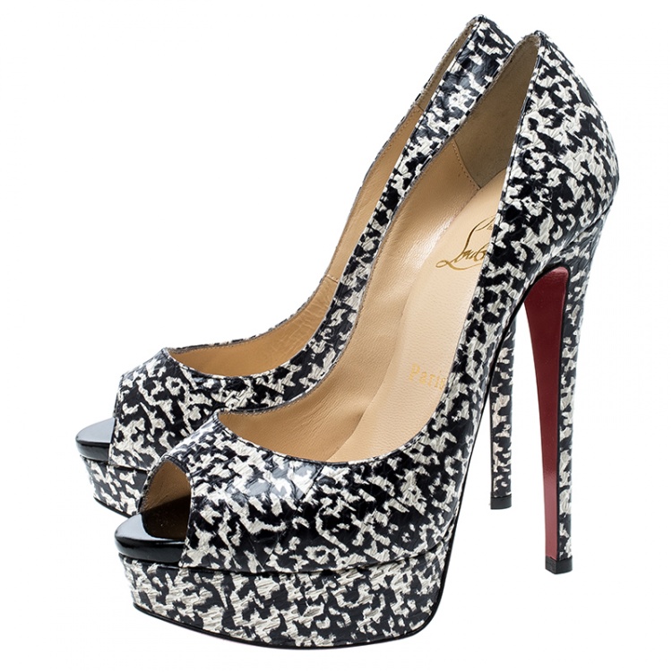 Pre Owned Christian Louboutin Monochrome Printed Python Embossed Leather Lady Peep Toe Platform Pumps Size 36.5
