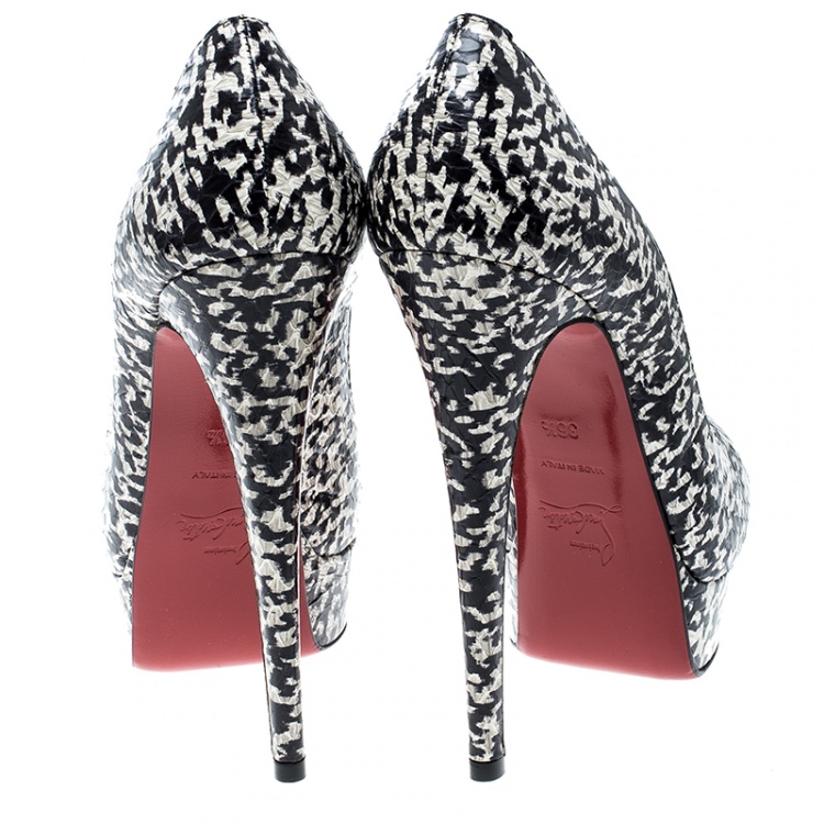 Pre Owned Christian Louboutin Monochrome Printed Python Embossed Leather Lady Peep Toe Platform Pumps Size 36.5
