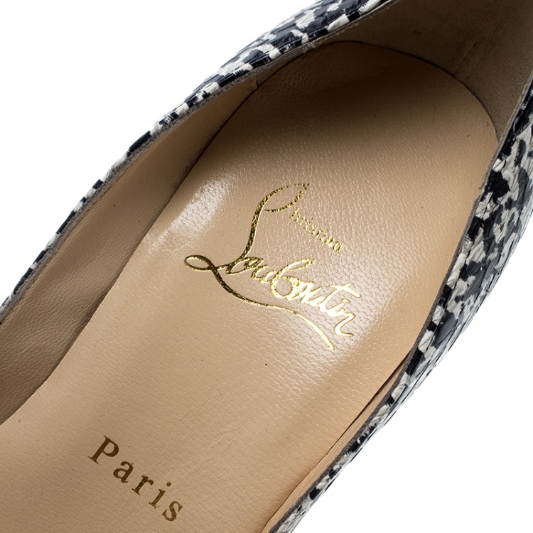 Pre Owned Christian Louboutin Monochrome Printed Python Embossed Leather Lady Peep Toe Platform Pumps Size 36.5
