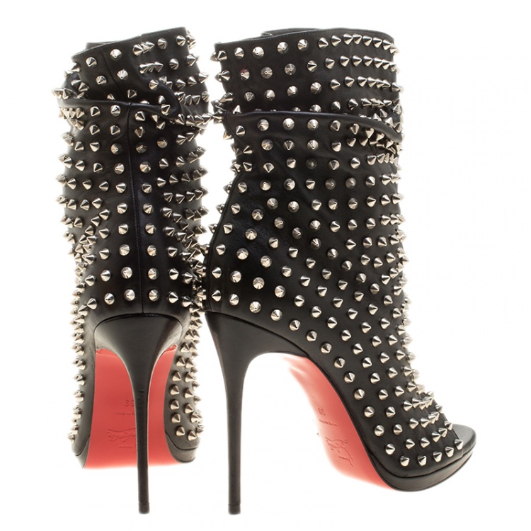 Pre Owned Christian Louboutin Black Spiked Leather Guerilla Peep Toe Slouchy Ankle Boots Size 39