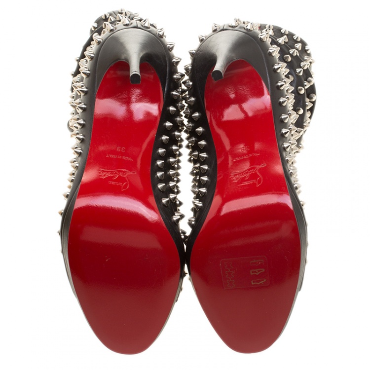 Pre Owned Christian Louboutin Black Spiked Leather Guerilla Peep Toe Slouchy Ankle Boots Size 39