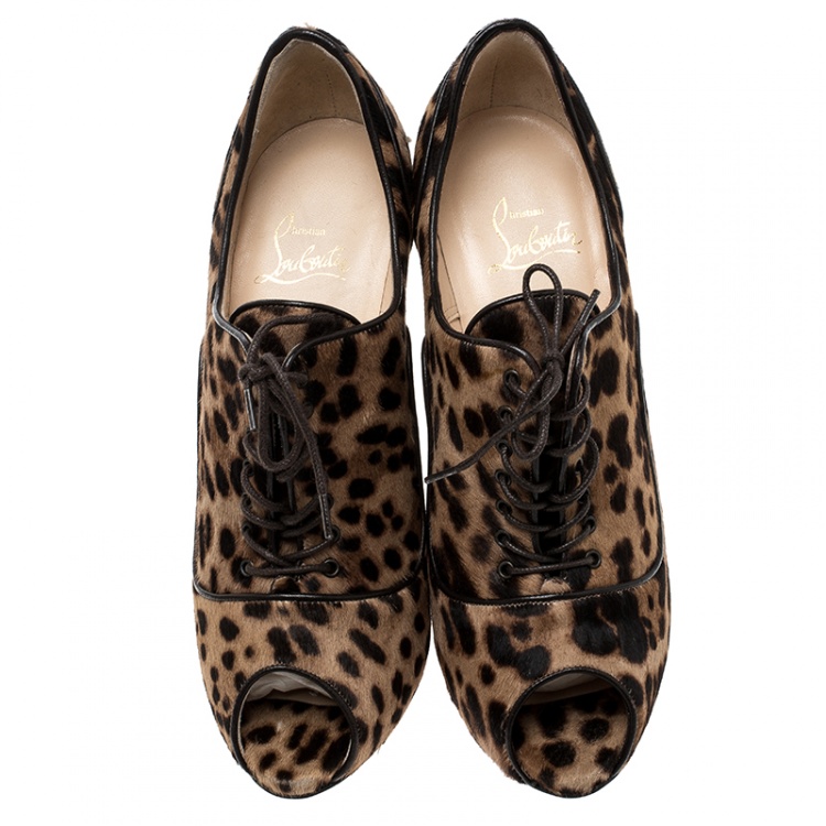 Pre Owned Christian Louboutin Leopard Print Pony Hair Lady Derby Peep Toe Booties Size 38.5