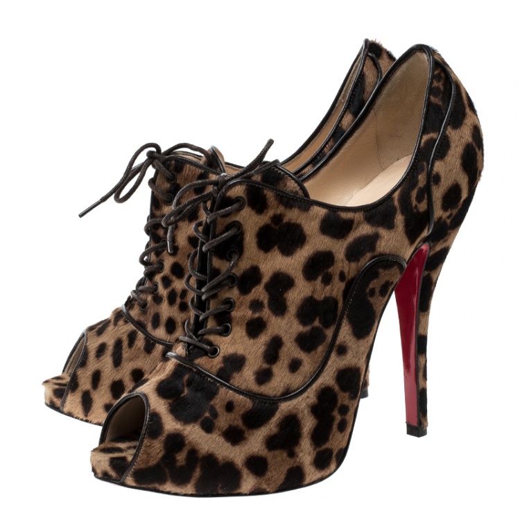 Pre Owned Christian Louboutin Leopard Print Pony Hair Lady Derby Peep Toe Booties Size 38.5