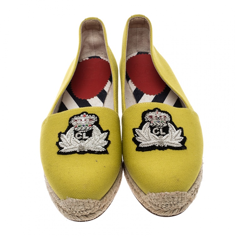 Pre Owned Christian Louboutin Yellow Canvas Gala Embroidered Crest Espadrille Loafers Size 38