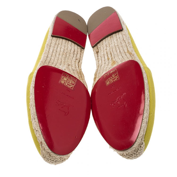 Pre Owned Christian Louboutin Yellow Canvas Gala Embroidered Crest Espadrille Loafers Size 38