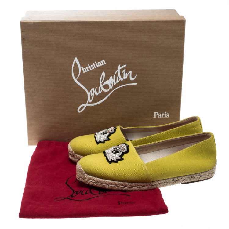 Pre Owned Christian Louboutin Yellow Canvas Gala Embroidered Crest Espadrille Loafers Size 38