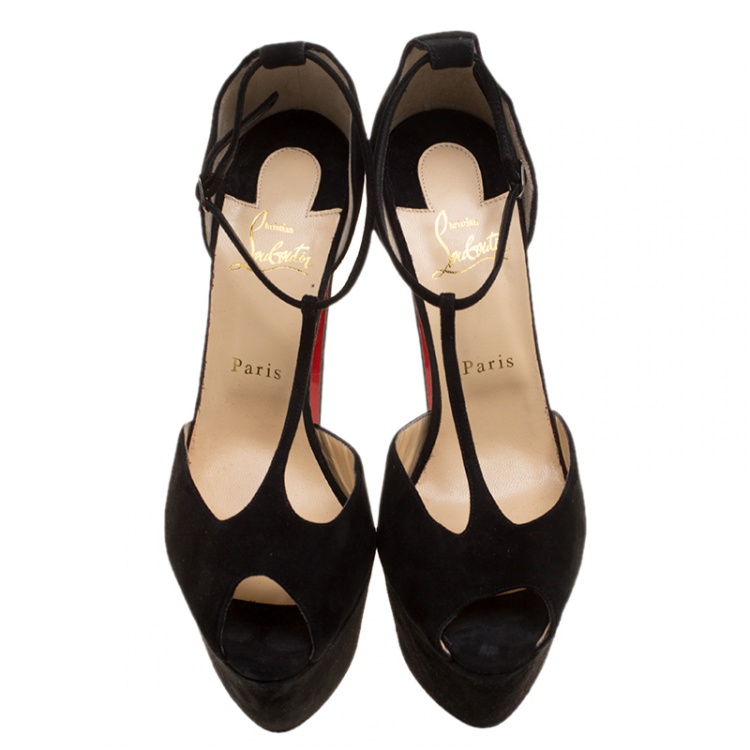 Pre Owned Christian Louboutin Black Suede T-strap Peep Toe Platform Sandals Size 40.5