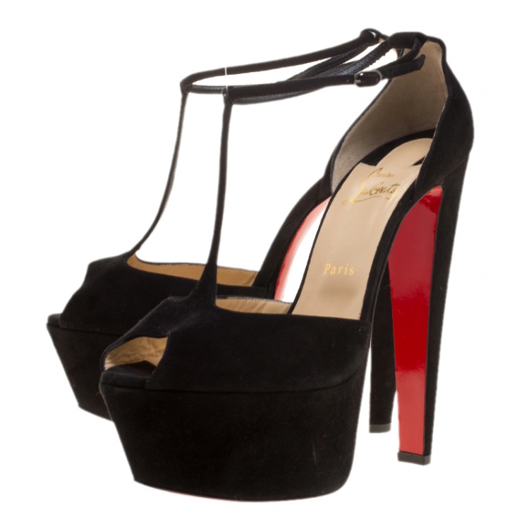 Pre Owned Christian Louboutin Black Suede T-strap Peep Toe Platform Sandals Size 40.5