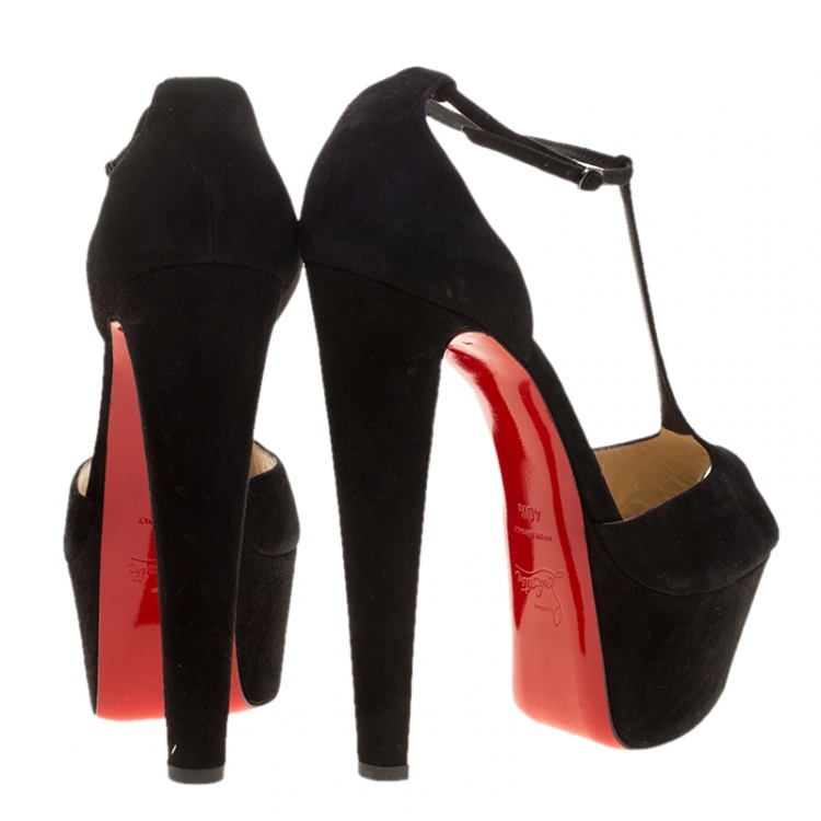 Pre Owned Christian Louboutin Black Suede T-strap Peep Toe Platform Sandals Size 40.5