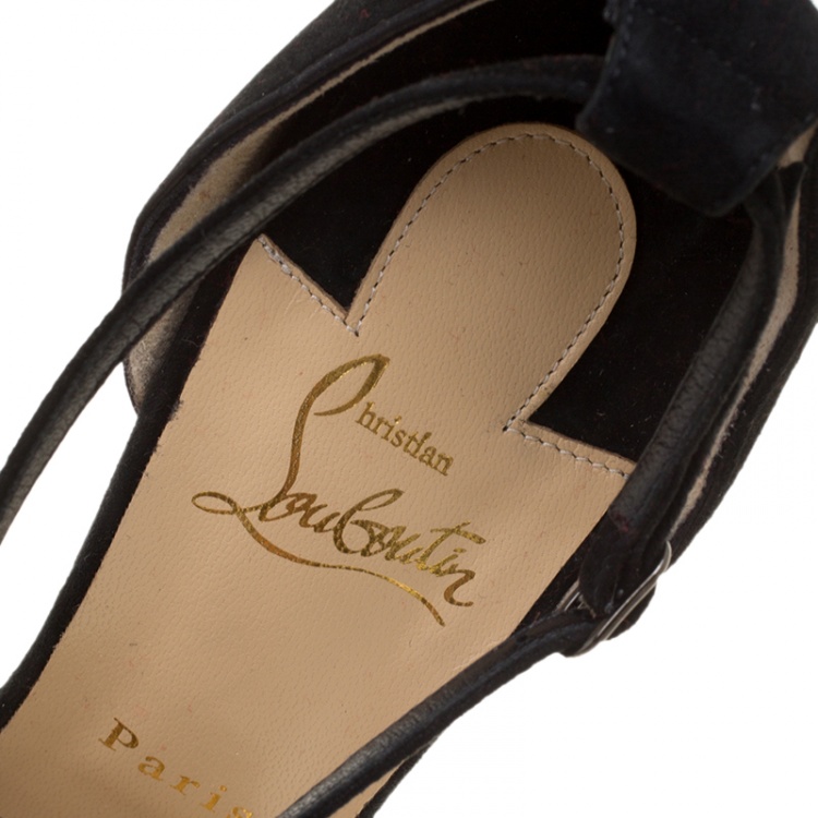 Pre Owned Christian Louboutin Black Suede T-strap Peep Toe Platform Sandals Size 40.5