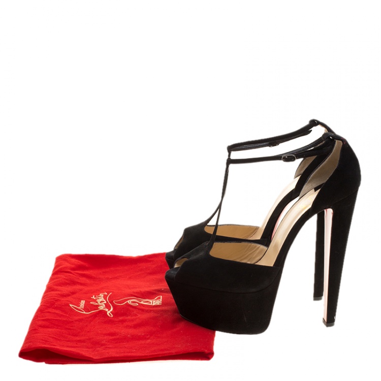 Pre Owned Christian Louboutin Black Suede T-strap Peep Toe Platform Sandals Size 40.5