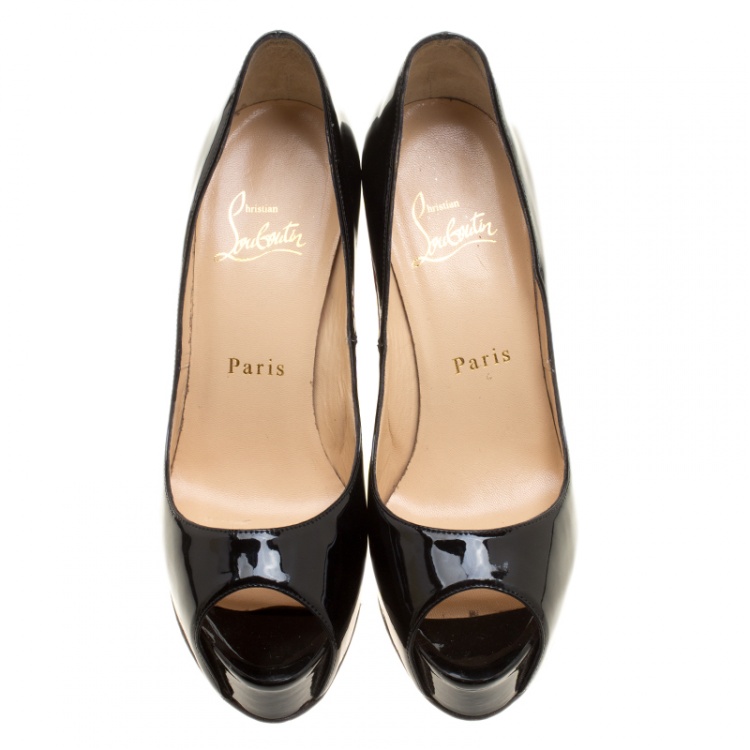 Pre Owned Christian Louboutin Black Patent Leather Hyper Prive Peep Toe Platform Pumps Size 35.5