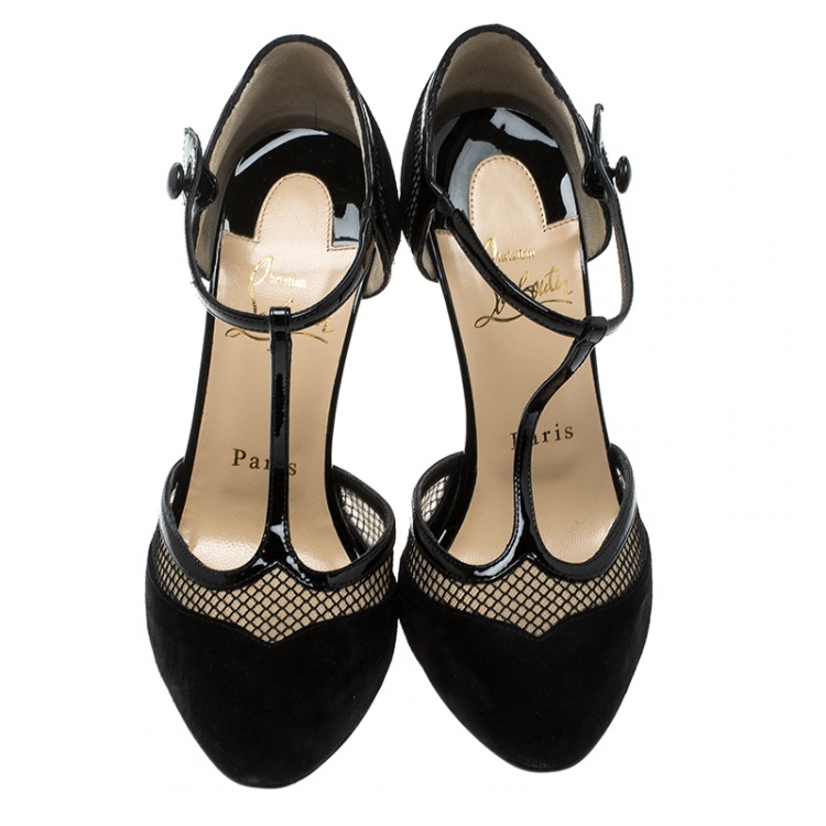 Pre Owned Christian Louboutin Black Suede And Mesh Mrs.Early T-Strap Sandals Size 40