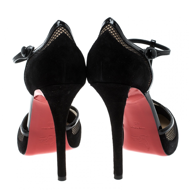 Pre Owned Christian Louboutin Black Suede And Mesh Mrs.Early T-Strap Sandals Size 40
