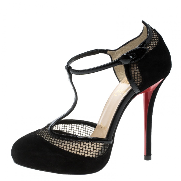 Pre Owned Christian Louboutin Black Suede And Mesh Mrs.Early T-Strap Sandals Size 35