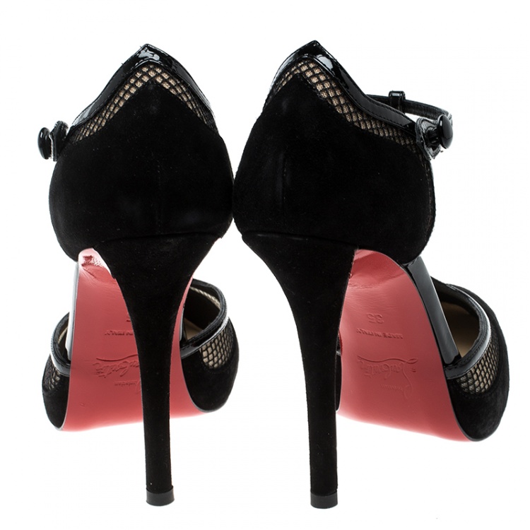 Pre Owned Christian Louboutin Black Suede And Mesh Mrs.Early T-Strap Sandals Size 35