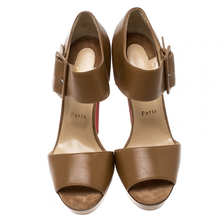 Pre Owned Christian Louboutin Beige Leather Haute Retenue Ankle Strap Platform Sandals Size 41.5