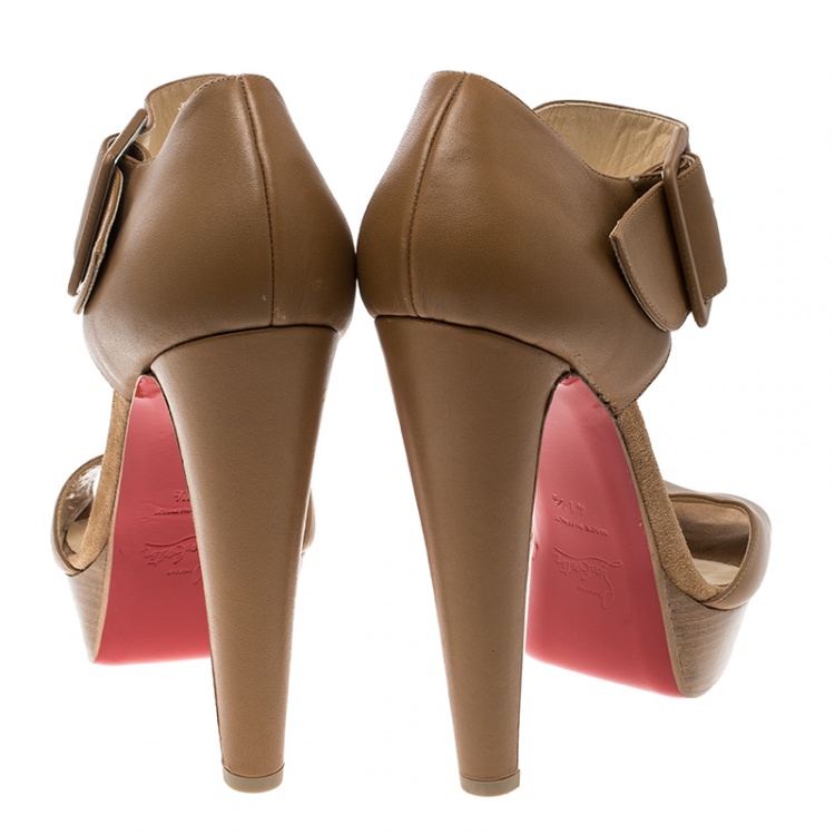 Pre Owned Christian Louboutin Beige Leather Haute Retenue Ankle Strap Platform Sandals Size 41.5
