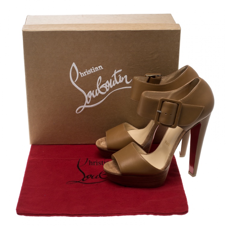 Pre Owned Christian Louboutin Beige Leather Haute Retenue Ankle Strap Platform Sandals Size 41.5