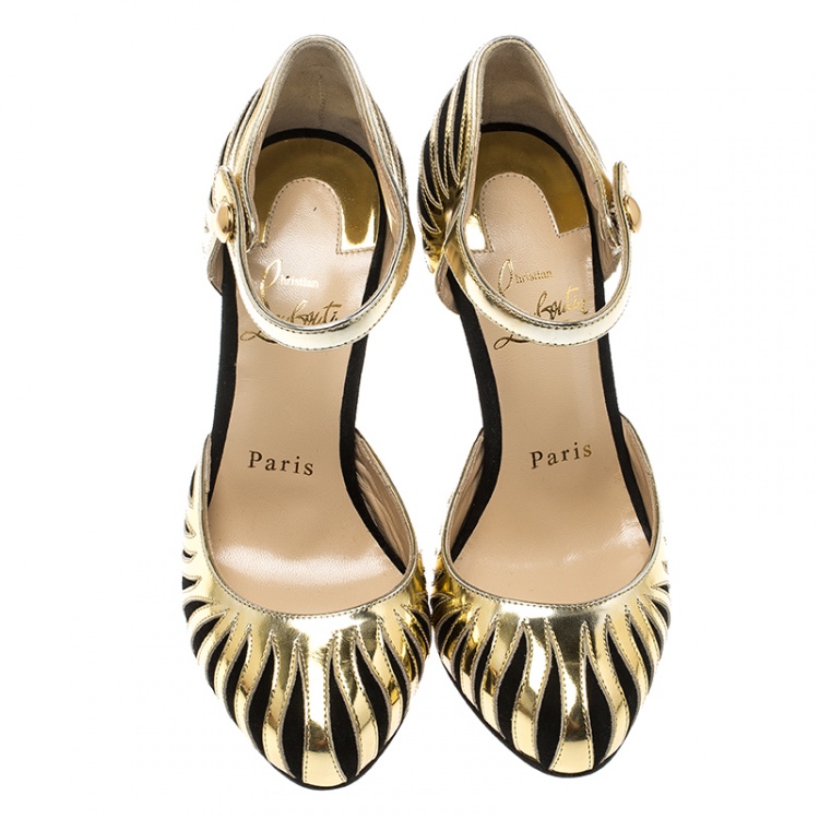 Pre Owned Christian Louboutin Metallic Gold Leather And Suede So Tango Ankle Strap Pumps Size 34