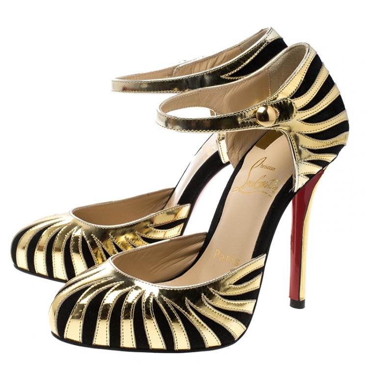 Pre Owned Christian Louboutin Metallic Gold Leather And Suede So Tango Ankle Strap Pumps Size 34