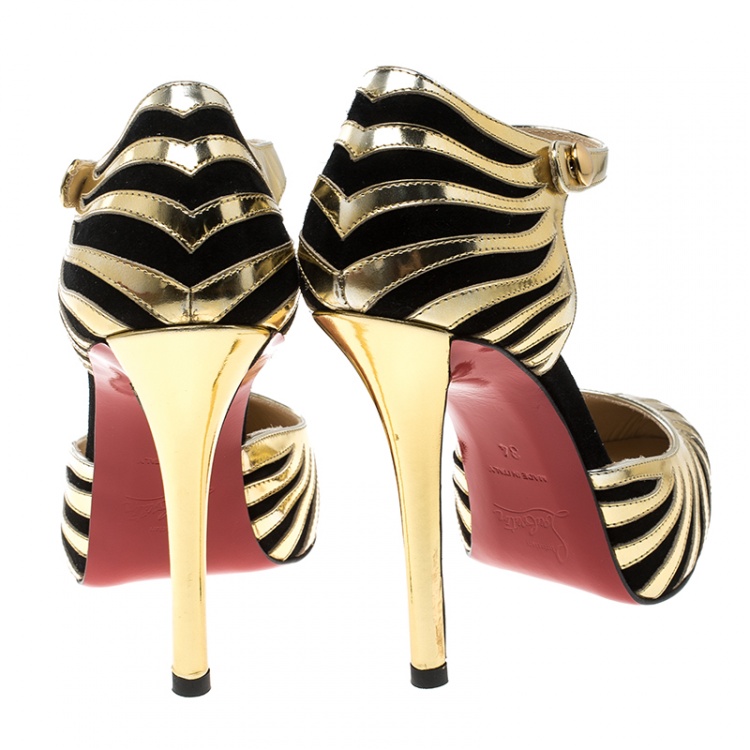Pre Owned Christian Louboutin Metallic Gold Leather And Suede So Tango Ankle Strap Pumps Size 34