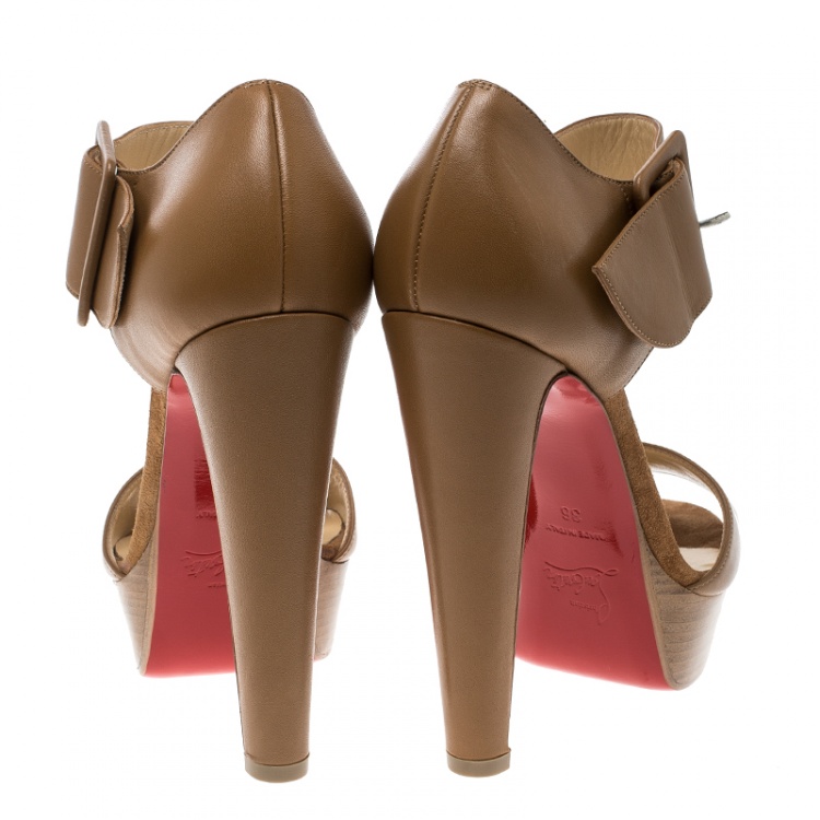 Pre Owned Christian Louboutin Beige Leather Haute Retenue Ankle Strap Platform Sandals Size 36