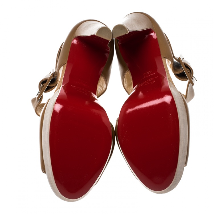 Pre Owned Christian Louboutin Beige Leather Haute Retenue Ankle Strap Platform Sandals Size 40.5