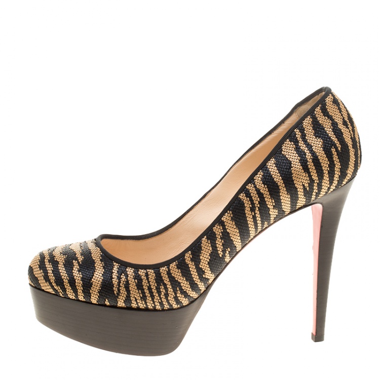 Pre Owned Christian Louboutin Two Tone Raffia Bianca Panama Tiger Weave Platform Pumps Size 39