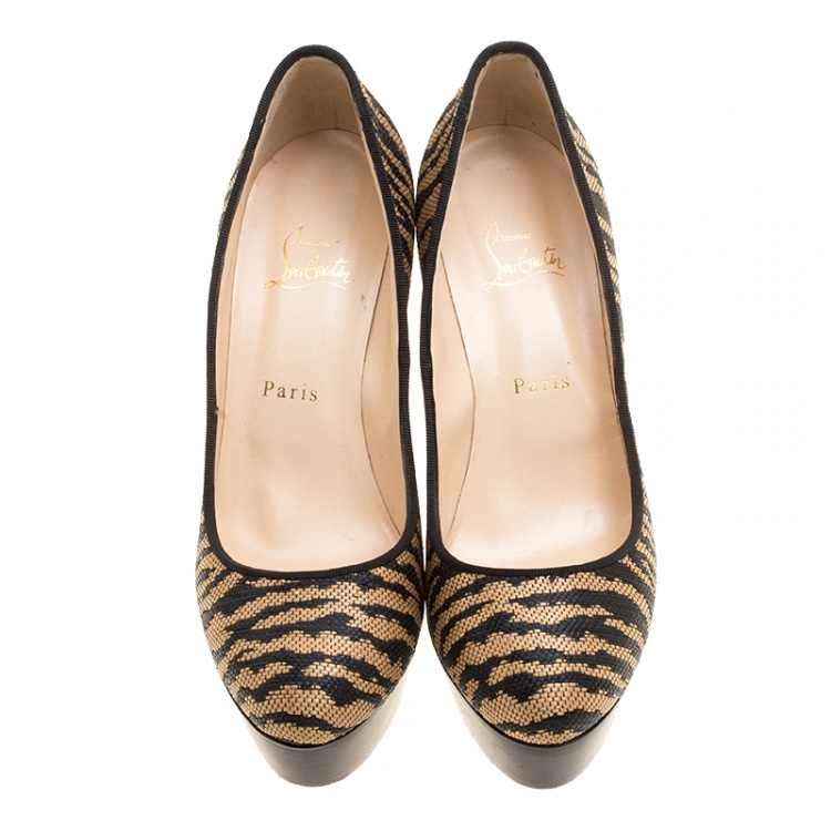 Pre Owned Christian Louboutin Two Tone Raffia Bianca Panama Tiger Weave Platform Pumps Size 39