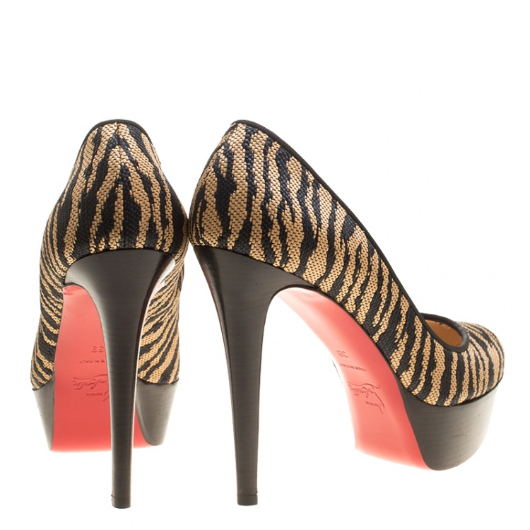 Pre Owned Christian Louboutin Two Tone Raffia Bianca Panama Tiger Weave Platform Pumps Size 39