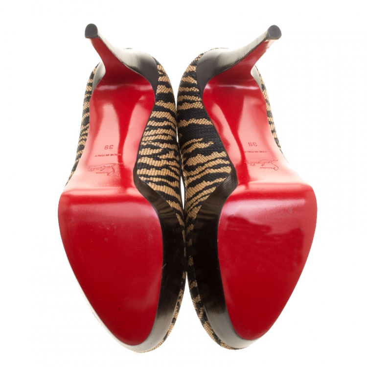 Pre Owned Christian Louboutin Two Tone Raffia Bianca Panama Tiger Weave Platform Pumps Size 39
