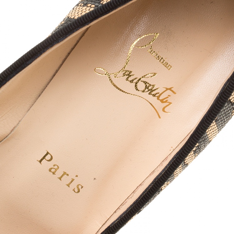 Pre Owned Christian Louboutin Two Tone Raffia Bianca Panama Tiger Weave Platform Pumps Size 39