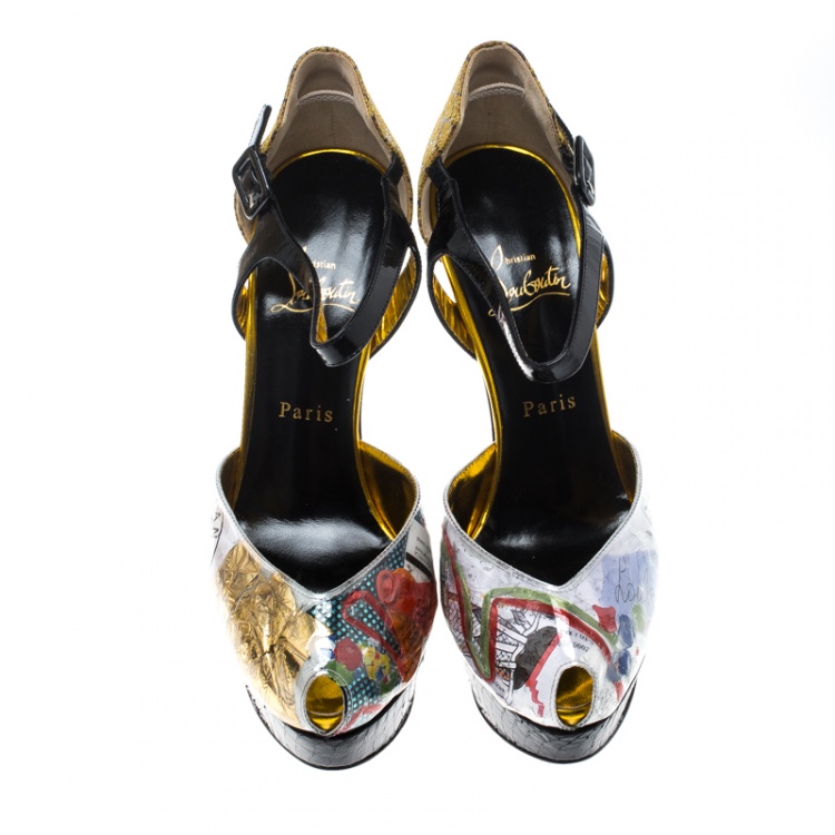 Pre Owned Christian Louboutin Multicolor PVC No. 299 Trash Platform Ankle Straps Pumps Size 39.5