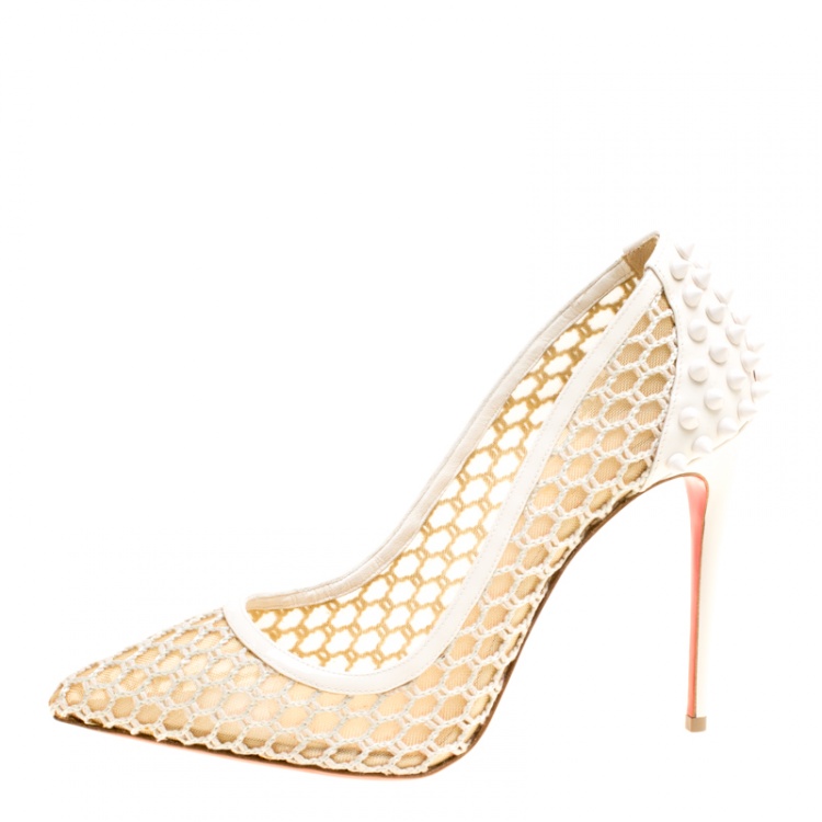 Pre Owned Christian Louboutin Off White Mesh and Spike Embellished Patent Leather Trimmed Guni Pointed Toe Pumps Size 37.5