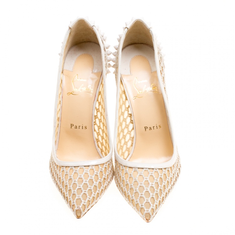 Pre Owned Christian Louboutin Off White Mesh and Spike Embellished Patent Leather Trimmed Guni Pointed Toe Pumps Size 37.5