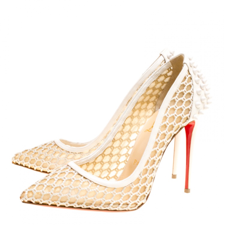 Pre Owned Christian Louboutin Off White Mesh and Spike Embellished Patent Leather Trimmed Guni Pointed Toe Pumps Size 37.5