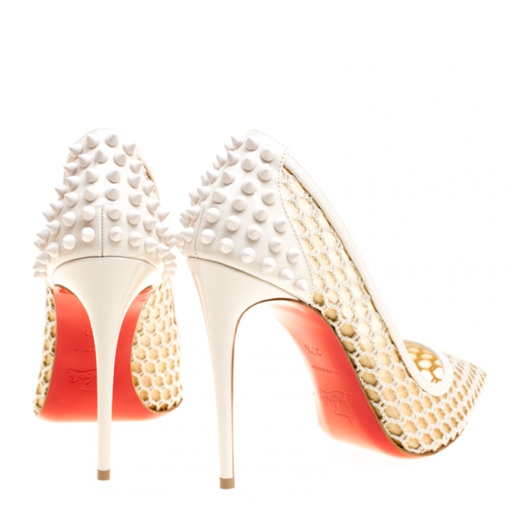 Pre Owned Christian Louboutin Off White Mesh and Spike Embellished Patent Leather Trimmed Guni Pointed Toe Pumps Size 37.5