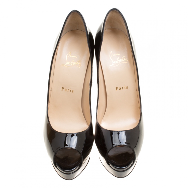 Pre Owned Christian Louboutin Black Patent Leather Lady Peep Toe Platform Pumps Size 40