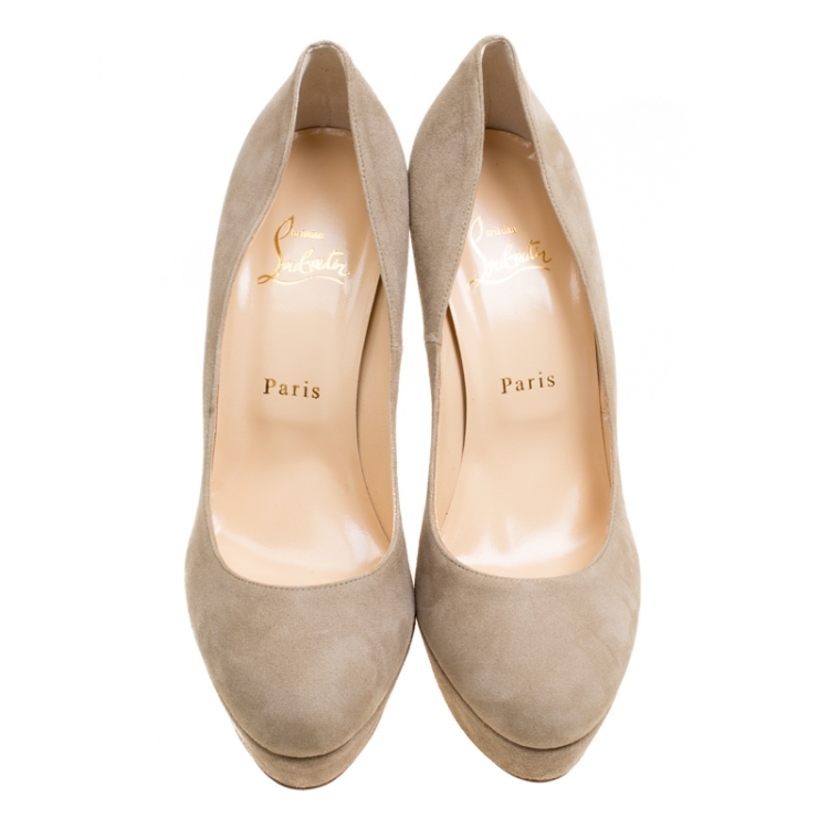Pre Owned Christian Louboutin Beige Suede Filter Crystal Embellished Heel Platform Pumps Size 39