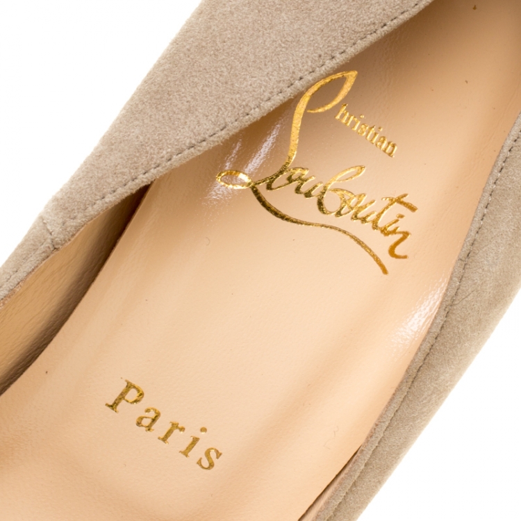 Pre Owned Christian Louboutin Beige Suede Filter Crystal Embellished Heel Platform Pumps Size 39