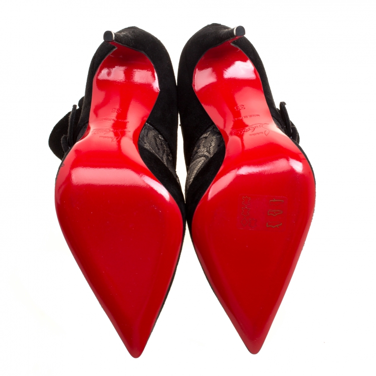 Pre Owned Christian Louboutin Black Lace and Suede Boteboot Pointed Toe Ankle Booties Size 36