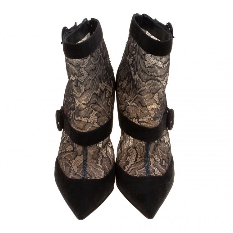 Pre Owned Christian Louboutin Black Lace and Suede Boteboot Pointed Toe Ankle Booties Size 36