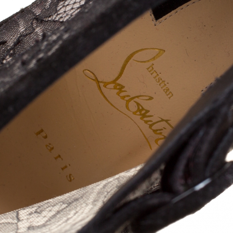 Pre Owned Christian Louboutin Black Lace and Suede Boteboot Pointed Toe Ankle Booties Size 36