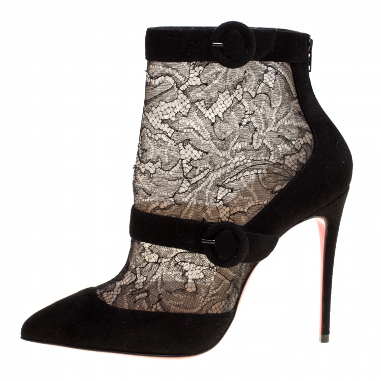 Christian Louboutin Black Lace and Suede Boteboot Pointed Toe