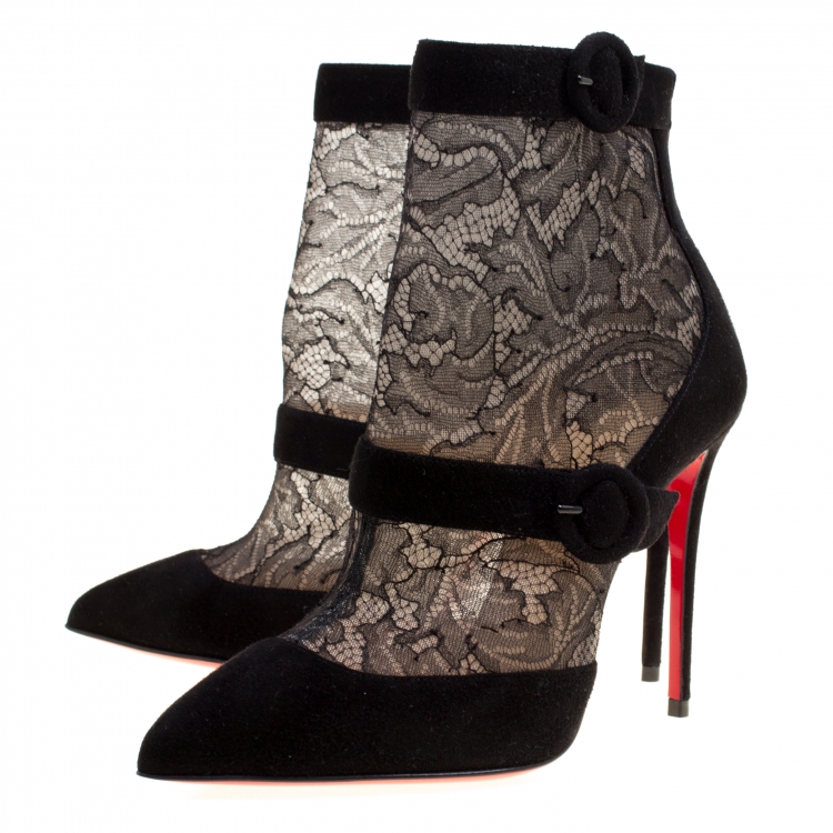 Pre Owned Christian Louboutin Black Lace and Suede Boteboot Pointed Toe Ankle Booties Size 36