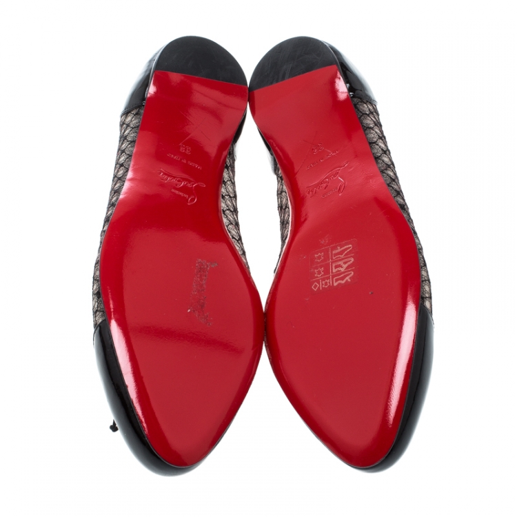 Pre Owned Christian Louboutin Black Leather and Mesh Miss Mix Bow Ballet Flats Size 38