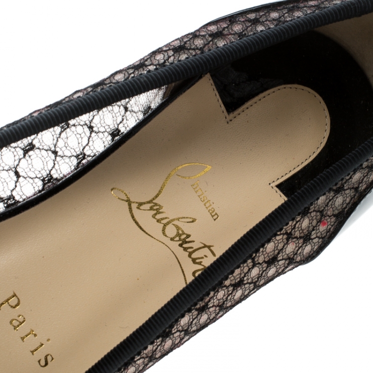 Pre Owned Christian Louboutin Black Leather and Mesh Miss Mix Bow Ballet Flats Size 38